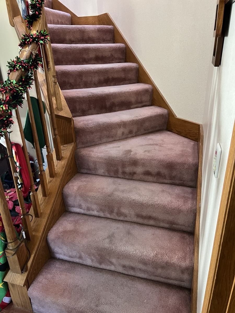 Before — worn carpeted staircase